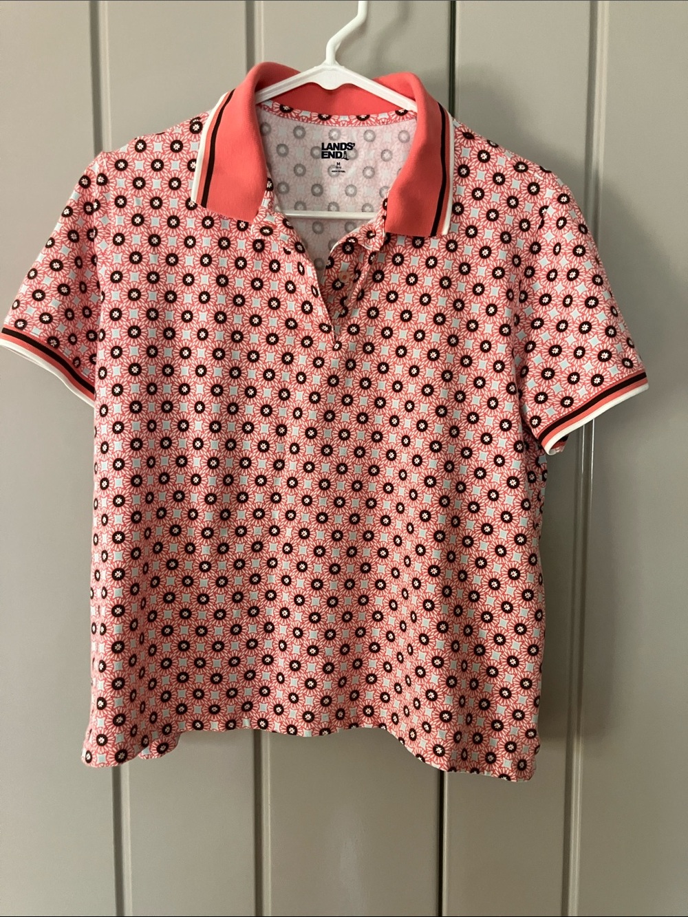Lands' End Coral Floral-Pattern Polo with Black Accents